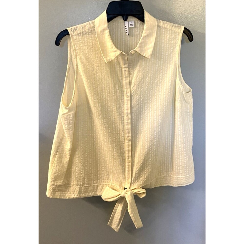 Elle Womens Yellow White Stripe sleeveless tied bottom hem Top Large